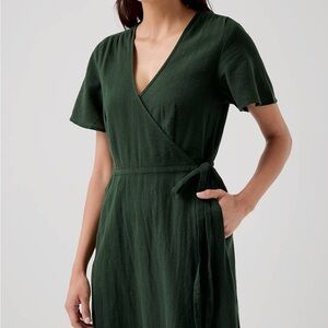 Pact Green Wrap Midi Crepe Dress with Flutter Sleeves